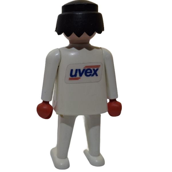 Playmobil ® Mann weiß schwarze Haare bewegliche Hände rot uvex Aufkleber gebraucht