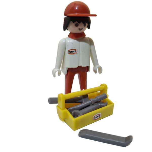 Playmobil ® Mann weiß / rot schwarze Haare feste Hände TEXACO mit Werkzeugkasten gebraucht