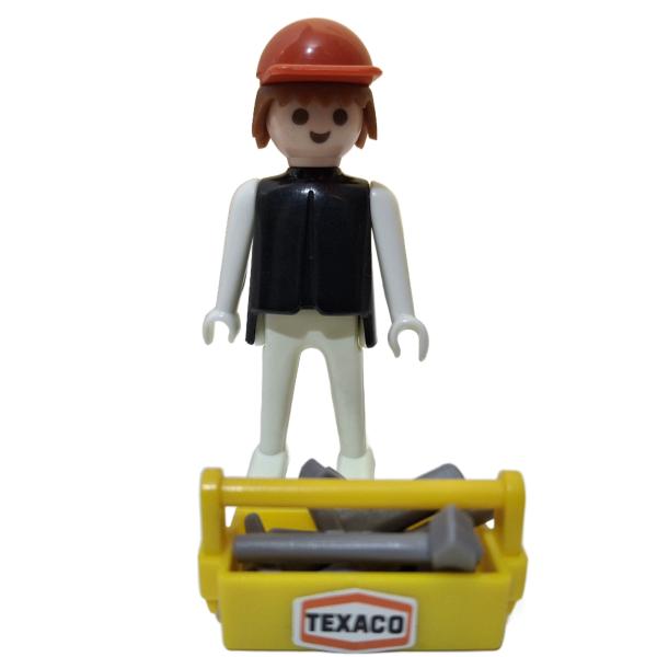 Playmobil ® Mann schwarz / weiß schwarze Haare feste Hände TEXACO mit Werkzeugkasten gebraucht