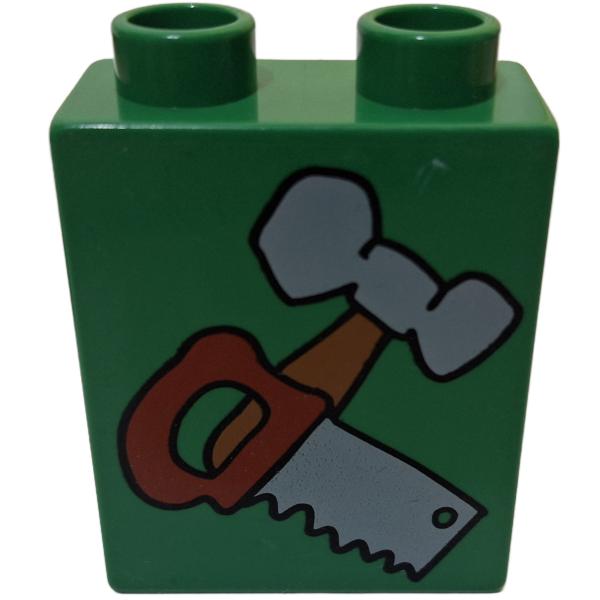 LEGO® DUPLO® 4066 1 x 2 x 2 bedruckt  grün mit Hammer und Säge gebraucht