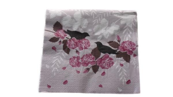 Serviette 33 x 33 cm Rosen mit Vögel